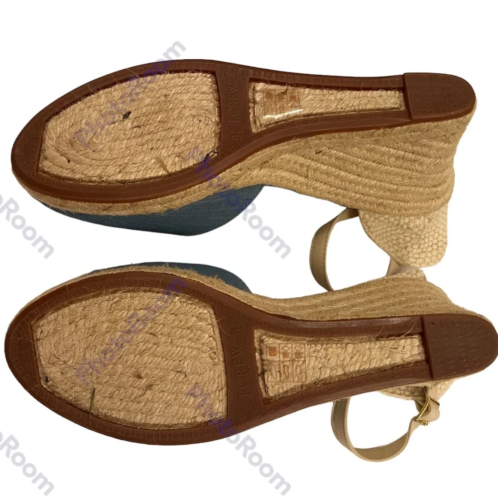 J. Crew Blue Chambray Ankle Strap Espadrille Wedges Size 9.5